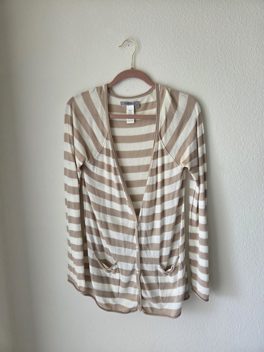 Tex by Max Azria Striped Cardigan Cream Tan Cotton Modal Sz M